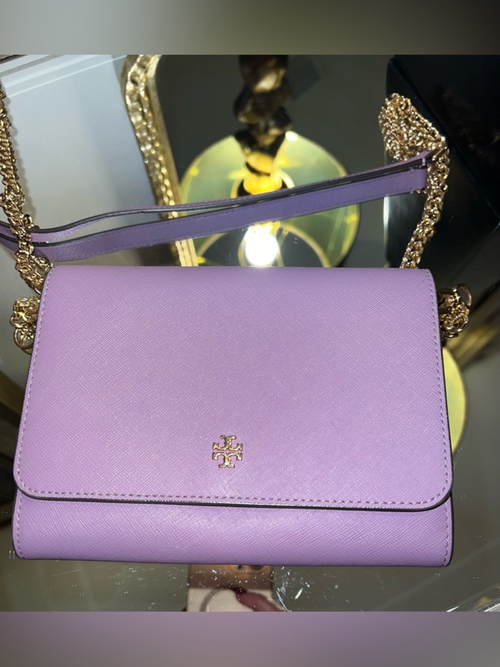 Tory Burch Lavender Shoulder Bag Chain Strap Logo Accent Gold Hardware